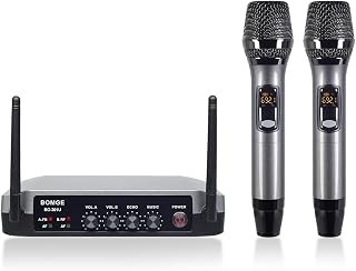 BOMGE UFH Wireless Microphone System with Bluetooth Input, Volume Control, Effects, Range of 85 m, Professional Double Metal, Suitable for Singing, Party, Church