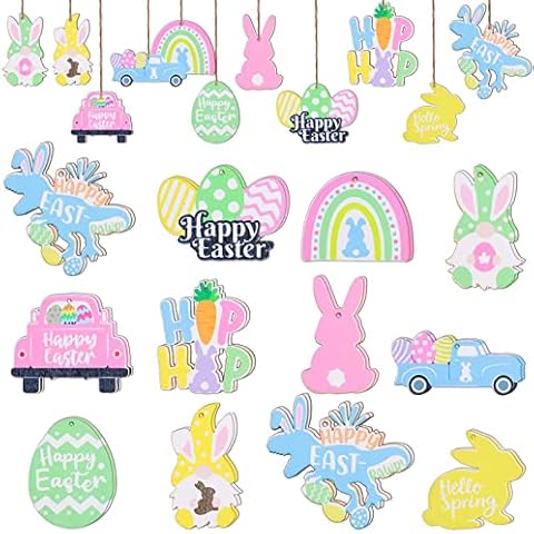 Easter Hanging Ornaments Spring Happy Easter Wooden Embellishments for Tree, Egg Gnome Bunny Carrot Truck Elf Wooden Slice Decorations with Rope for Easter Party (24pcs,Bunny) Cover