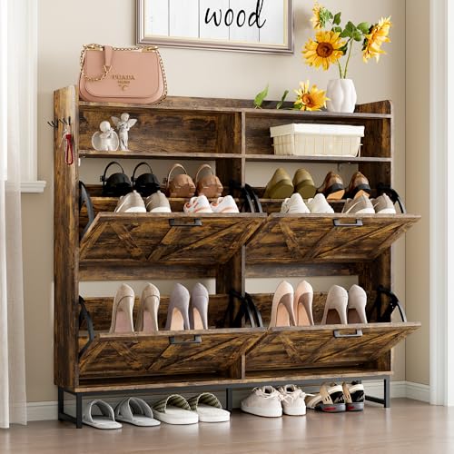 Image of BORNOON Shoe Cabinet with 4 Flip Drawers Narrow Shoe Storage Cabinet Organizer Wooden Freestanding Shoe Rack Hidden Slim Shoes Storage Cabinet for Entryway, Hallway, Living Room, Bedroom