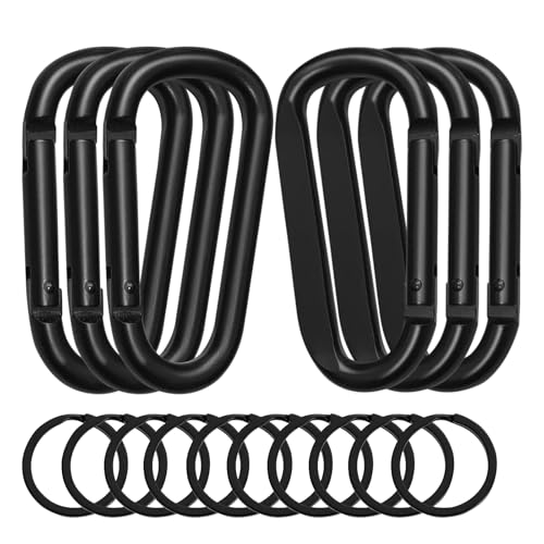 6 Piezas Mosqueton Escalada, Mosqueton Grande Tactico Negro, Mosquetones Escalada en Forma de D, Carabiner de Aluminio con 10 Mosquetones Redondos para Excursiones y Acampadas al Aire Libre