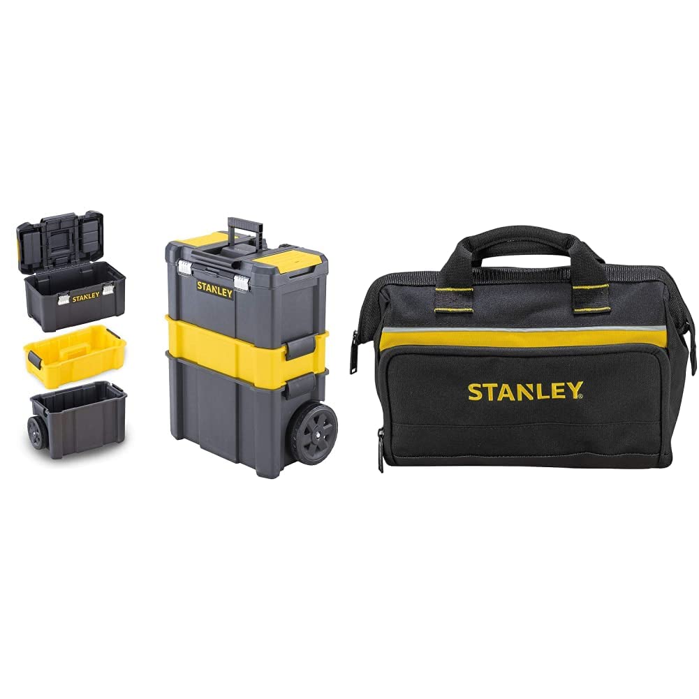 STANLEYEssential Rolling Workshop Toolbox, 3 Tier Stackable Units, STST1-80151 & Tool Bag 30 x 25 x 13 cm in Resistant 600 x 600 Denier with 8 Interior 2 Exterior Pockets and Reinfored Base 1-93-330