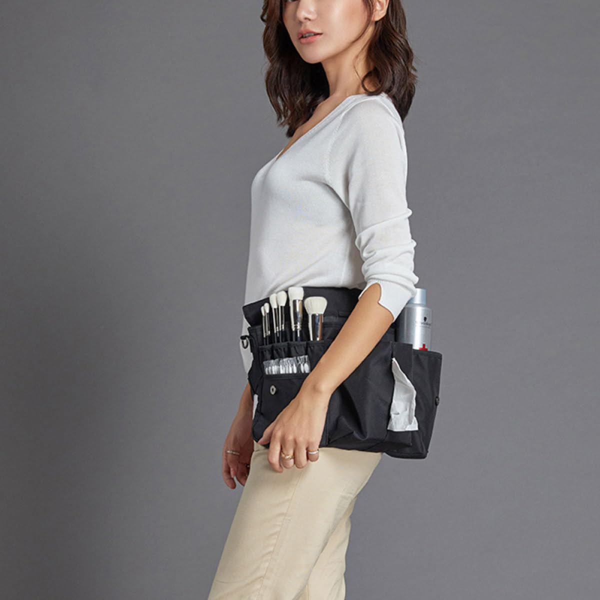 PLAFOPE Borsa Porta Trucchi da Viaggio in Tela Nera Grande Capacità e Cintura Regolabile per Professionale, Pratica e Comoda da Indossare a Mano