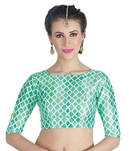 Boat Neck Readymade Stitched Printed Saree Blouse Poly Silk Fabric Indian Sari Choli Tunic Wedding Top Women (2X Large-40) Blue
