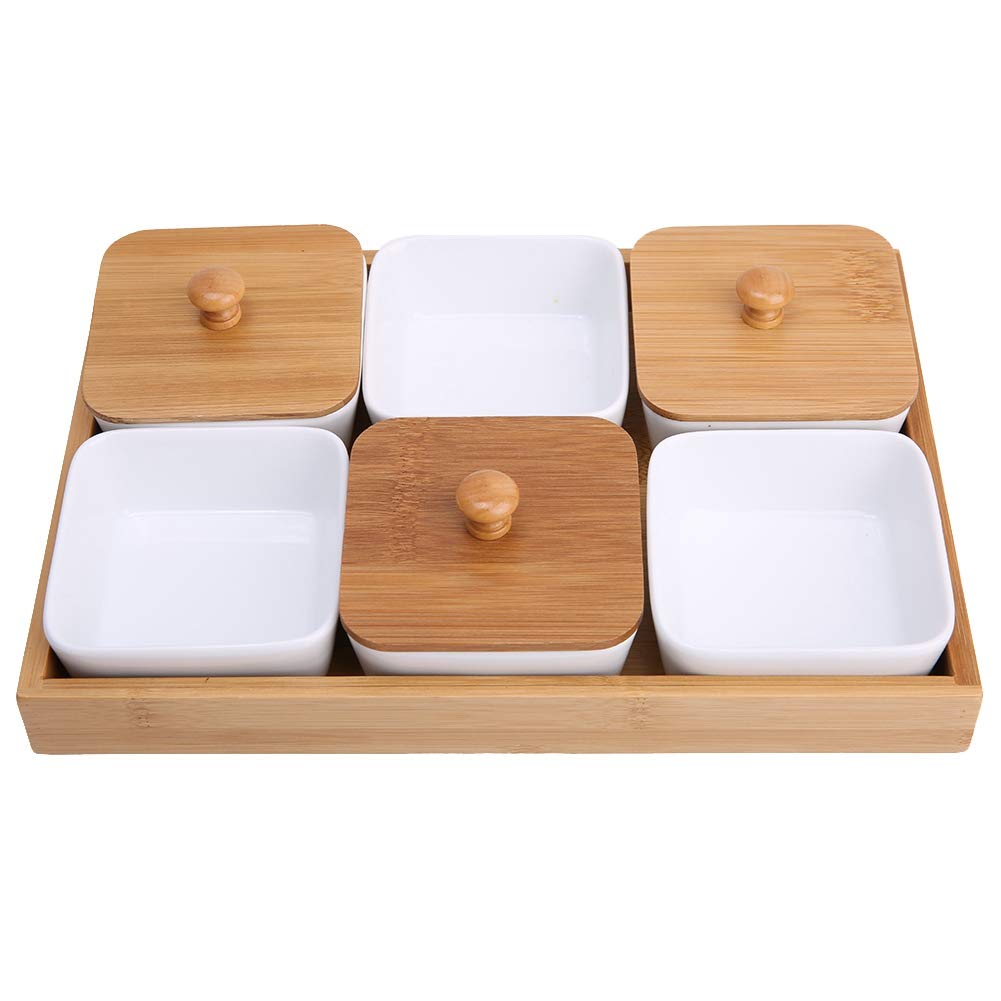 Piatto da portata in ceramica con coperchio in bambù per frutta, noci, dessert, condimenti, perfetto per servire antipasti, noci, caramelle, snack, vassoio a 6 scomparti
