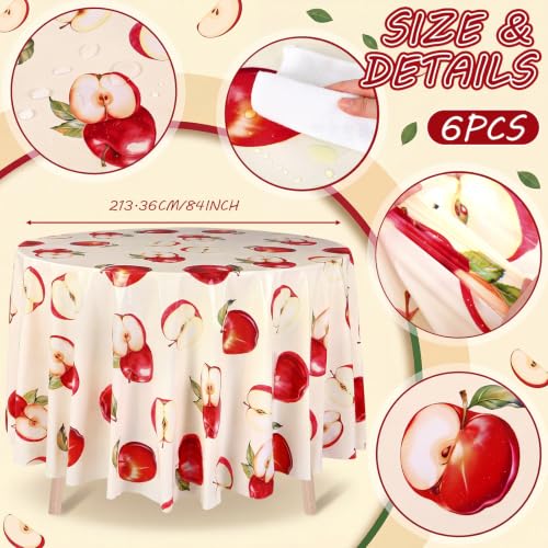 Image of Ganeen 6 Pcs Apple Themed Plastic Tablecloths Fruit Themed Decorations Fall Apple Disposable Table Cover 84 Inch Plastic Round Table Covers Fall Harvest Tablecloths Bulk for Baby Shower Party