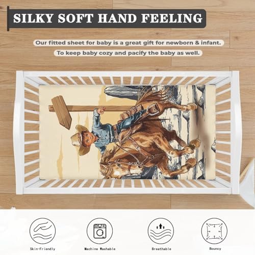 Image of Western Baby Crib Sheets for Boys Horse Cribs Sheet Nursery Bedding Set Fitted for Pack and Play Breathable Mattress Cover Nursery Decor Toddler Gifts