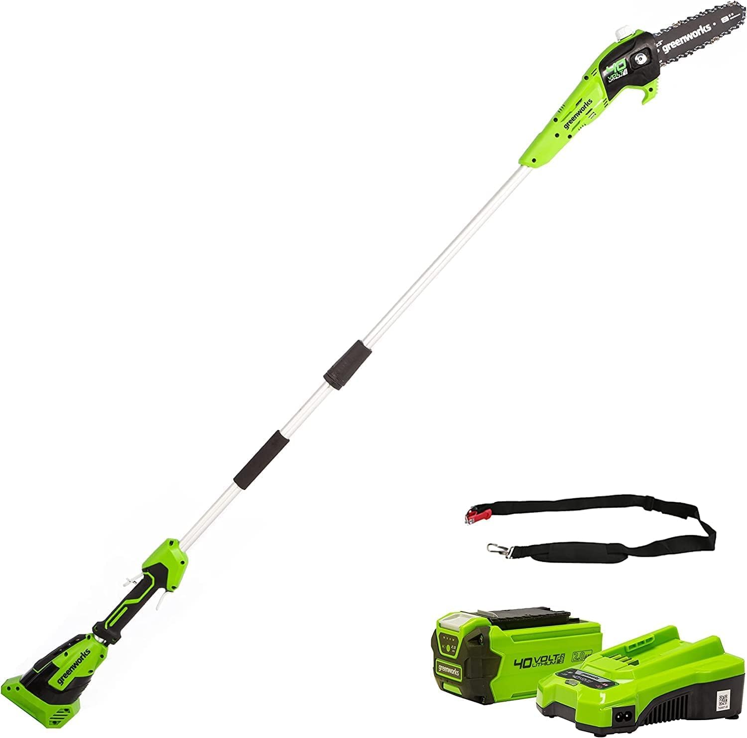 Greenworks G40PSFK2 Akku Hochentaster,20 cm Blattlänge, 8 m/s Kettengeschwindigkeit, 3,64 kg, automatisches Öl-System, 80 ml Öltank, 2.58m Stangenreichweite, 40V 2Ah Akku & Ladegerät, 3 Jahre Garantie