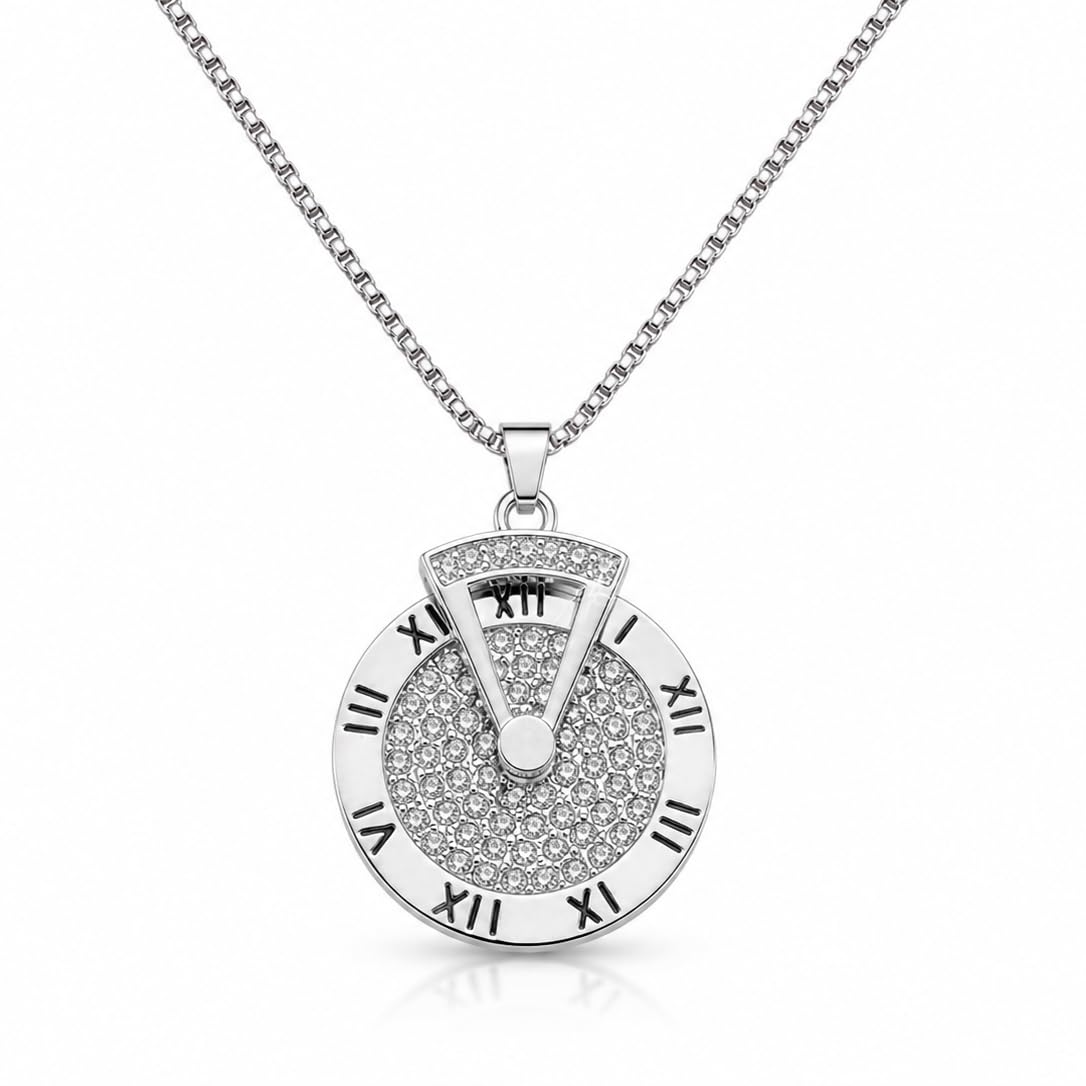 Silver-Tone Roman Numeral Clock Pendant Necklace, Crystal-Studded Round Dial, Stainless Steel Chain, for Men and Women-image-48
