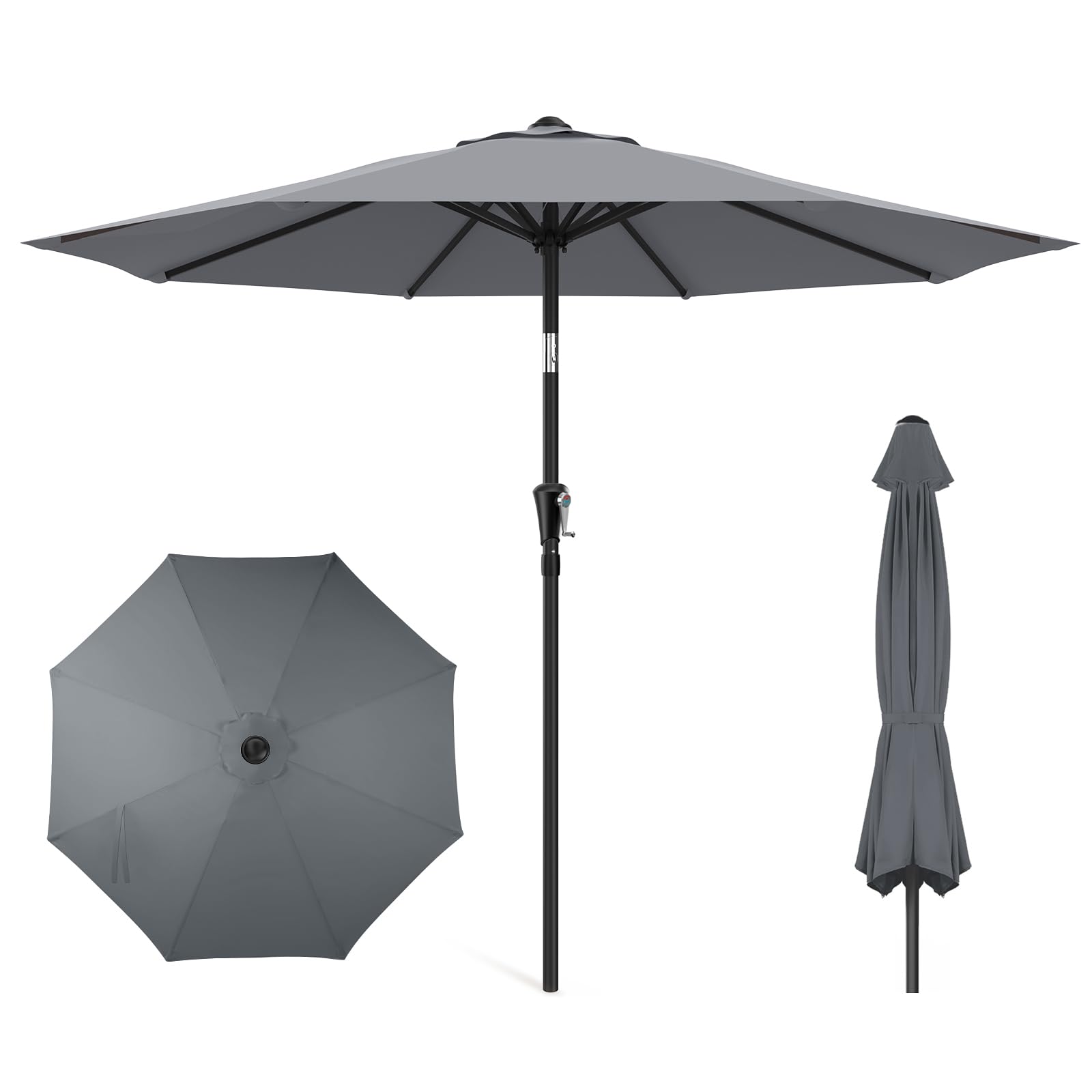 HOMSHADE 9ft Outdoor Patio Umbrella - UPF50+ UV Protection Market Patio Table Umbrella with Push Button Tilt, Crank and 8 Sturdy Ribs for Pool Deck and Garden (Grey, No base)