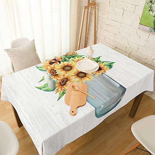 Burlap Table Cloth Sunflower in The Vase On Wood Plank Texture Wrinkle Free AntiFading Rectangle Table Cover Decoration for
