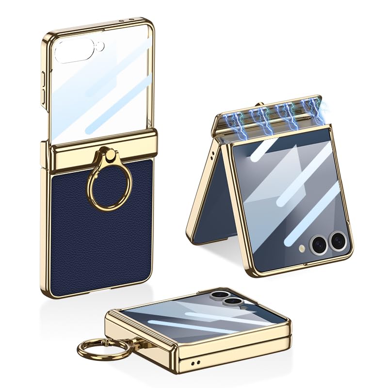 Image of Midkart Magnetic Leather Cover Compatible with Samsung Galaxy Z Flip 7 Release 2025 Hinge Protection Case Ring Holder Kickstand Electroplated with Front Glass and Camera Protection, Blue