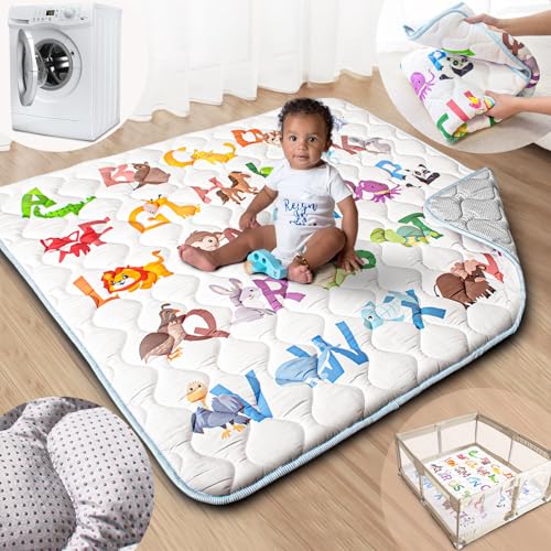 Image of Beavtaens Baby Play Mat, 50x50 Playpen Mat with Super Soft Touch, Activity Mats with Upgraded Anti-Slip Bottom, Machine Washable Crawling Mats for Floor & Picnic (Animal Alphabets)