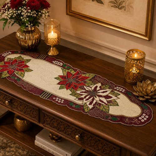 Image of MFU - Made For You Premium Glass Beaded Table Runner 13x36 Inch Cream Maroon Floral Design | Handmade Decorative Rectangular Table Runner for Dining Table, Center Table, Coffee Table, Home Decor