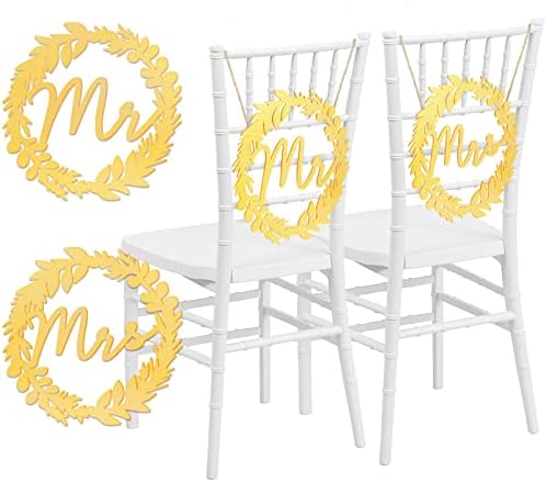 Fumete 2 Pieces Mr and Mrs Chair Signs Wedding Chair Decor Bride and Groom Acrylic Gold Wreath Hanging Sign for Wedding Celebration Proposal Party Decoration Supplies, 11 Inches