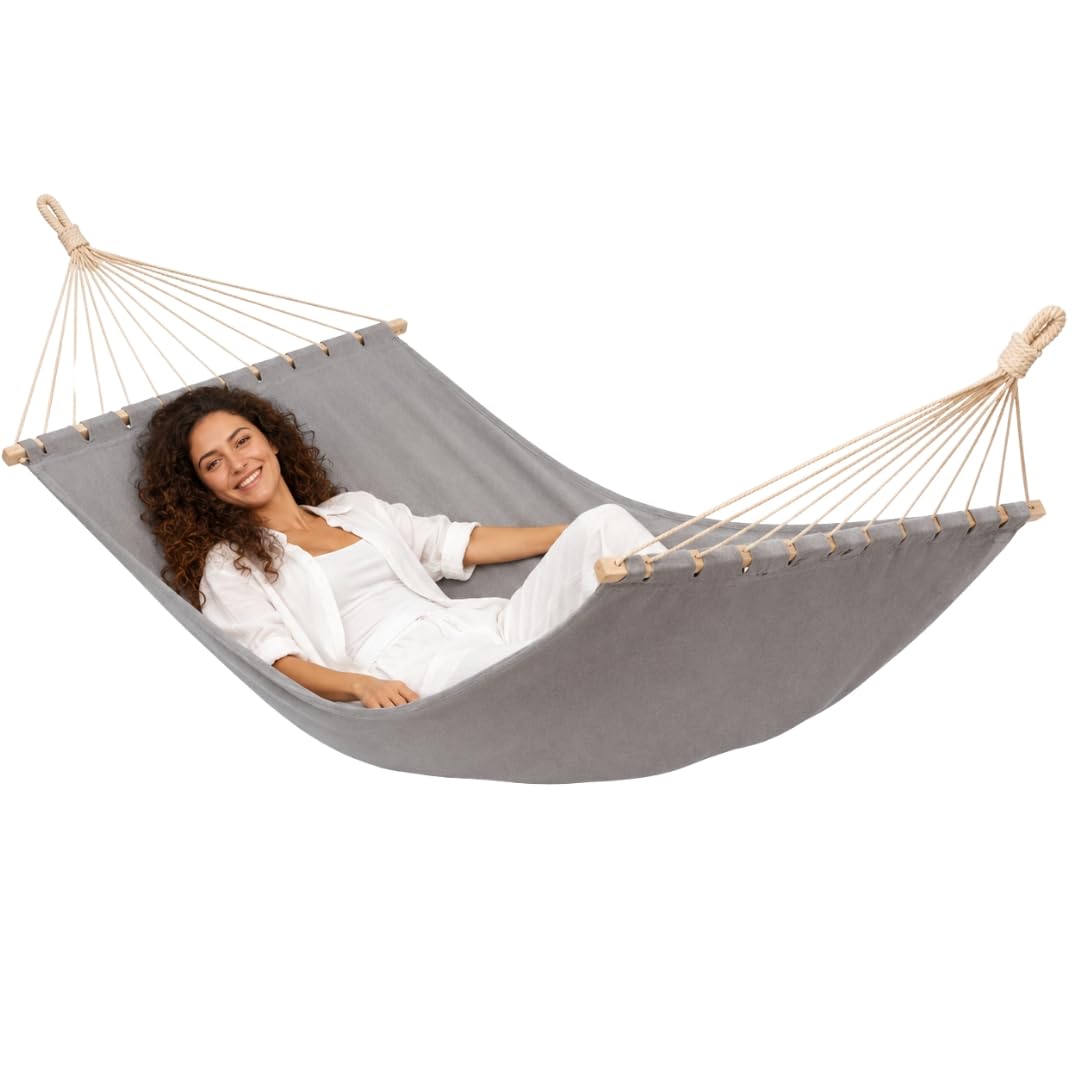 AMANKA XXL Stabhängematte 200x120 cm Grau - Doppelhängematte für 2 Personen - Große Hängematte mit Spreizstab Outdoor & Indoor - Balkon Garten Terrasse Camping - Reise Hängeliege aus 100% Baumwolle