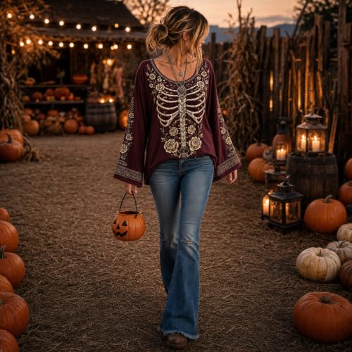 Halloween Shirts for Women Vintage Skeleton Bell Sleeve Crew Neck Top - image 4