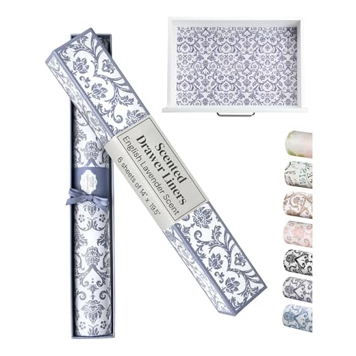 Elodie Essentials Scented Drawer and Shelf Liners - Royal Damask Print - Six (6) Large 14 x 19½ Inch Sheets - Non-Adhesive Paper Sheets for Closet Shelves and Dresser Drawers (English Lavender)