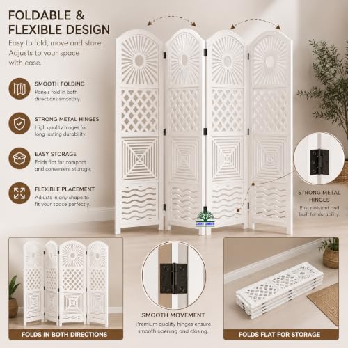 Image of Wooden Room Divider Partition for Living Room | Foldable 4 Panel Decorative Privacy Screen Separator for Home, Office & Bedroom | Modern (Snow White)