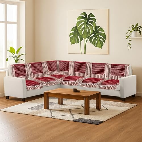 Image of Premium Chenille Woven Anti-Slip 6 Seater L-Shape Sofa Cover | L-Shape Sofa Seat Protector for Living Room | Durable & Stylish Slipcover - Maroon - 3D