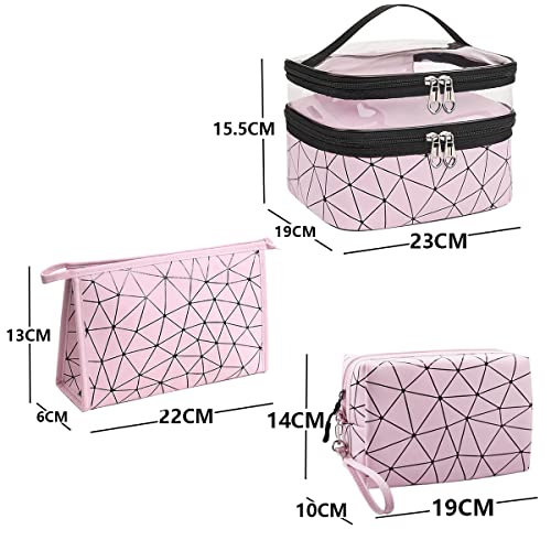 Mikytoper-Makeup-Bags-3-PCS-Double-Layer-Cosmetic-Bag-2-Make-Up-Bags-with-Diamond-Pattern-Travel-Toiletry-Bags-for-Men-and-Women-Pink