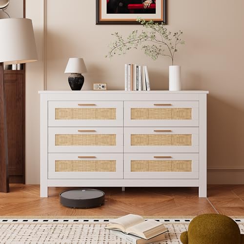 Cómoda de 6 Cajones 120 x 40 x 75cm, Comodas y Cajoneras Dormitorio, Cajonera para Salón, Comoda Dormitorio, Color Blanco y Madera Natural