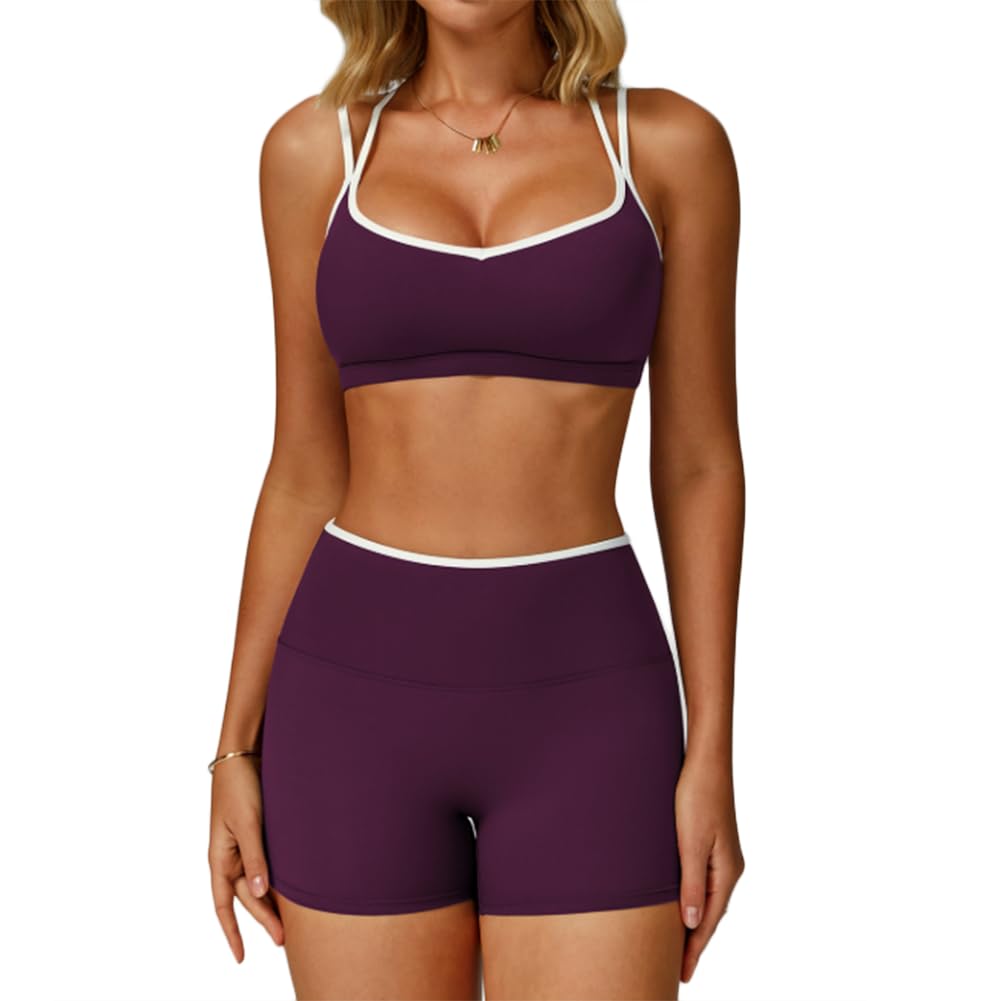 JPXJGT Sports Running Fitness Two-Piece Set Double-Sided Sanding Contrast Tight Breathable Cross Yoga Shorts (Size:M,Color:Purple)