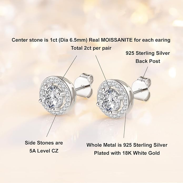 Image of GRA Certified 925 Sterling Silver Stud Moissanite Stud Earrings, 1-4ct DF Color Brilliant Halo Round Cut Moissanite Earrings 925 Sterling Silver Friction Back for Women