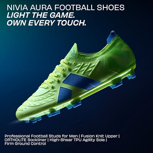 Image of Nivia Aura Football Shoes for Men, Fusion Knit TPU Upper with 3D Texture, Ortholite Sockliner, High Shear TPU Stud Sole for Firm Ground Control and Agility