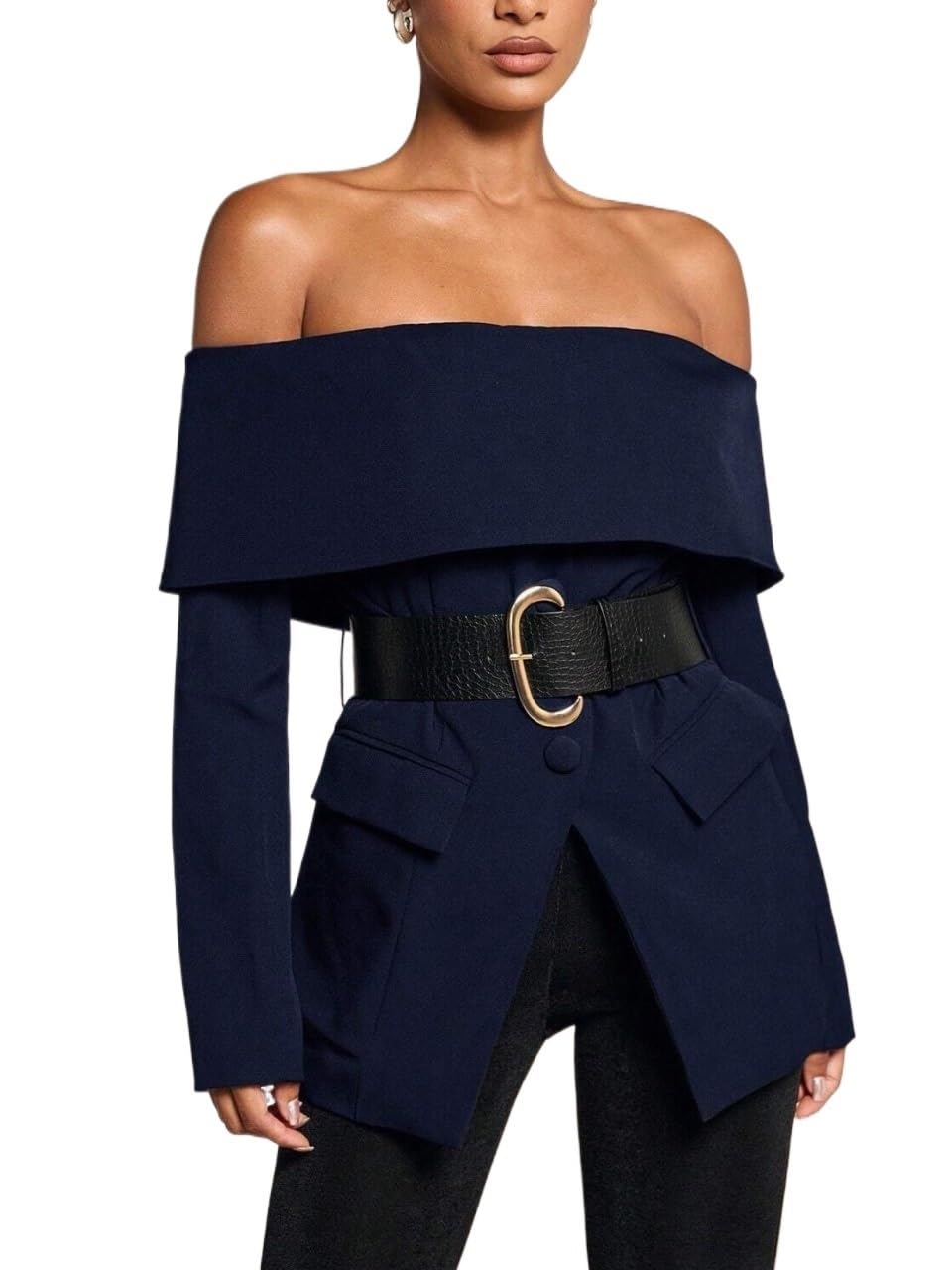 Off-The-Shoulder Blazer Belt Off Shoulder Coat Blazers Womens Open Front Casual Elegantl Suit Blazer