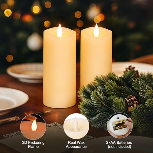 Image of 2PCS, 3 x 7 inches Flameless Candle with Remote Control, 3D Flickering Wick, Real Wax, Battery Candles,with Timer,Battery Powered Candles,for Holiday Home Decor,Ivory