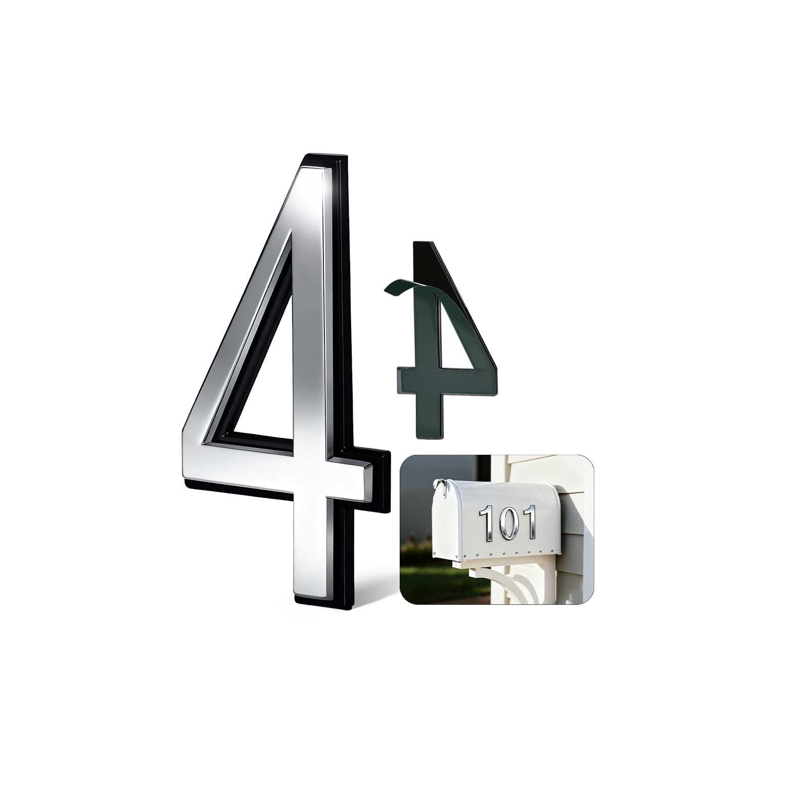 4 Inch Silver House Numbers for Outside, VONDERSO Self-Adhesive Mailbox Numbers with Exclusive Electroplated Finish and Durable ABS Base, for House Plaques, Mailbox, Yard, Garage – Plaque Number ‘4’