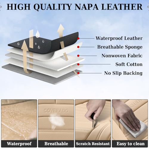 Image of Coverado Seat Covers, Car Seat Covers Front Seats, Automotive Seat Covers, Waterproof Nappa Leather Car Seat Cover, Car Seat Cushion, Beige Seat Covers Carseat Cover Universal Fit for Most Cars