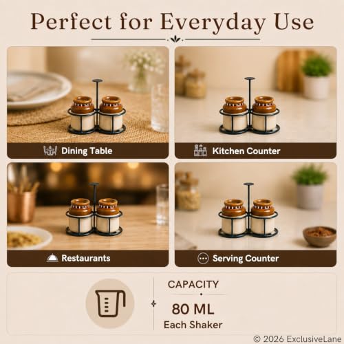 Image of ExclusiveLane 'Old Martaban' Ceramic Salt Pepper Set for Dining Table with Iron Holder (80 ML, Set of 2) | Salt and Pepper Container for Dinning Table Salt and Pepper Dispenser Salt and Pepper Shaker