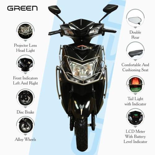 Image of Green Invicta Low Speed Electric Scooter with Steel Frame Non RTO 80KM Range with Portable Charger (Black)