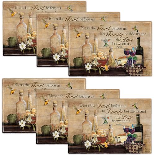 Vintage Wine Placemats Set of 6 Farmhouse Wine Glass Imitation Linen Placemat Heat Resistant Dining Blessed Christian Place Mats Hummingbird Table Mats for Kitchen Indoor Restaurant 12''x18''