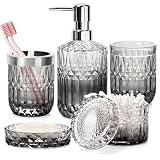 5-teiliges Badezimmer-Set aus Glas, Grau Badezimmer-Deko mit Seifenspender, Zahnbürstenhalter...