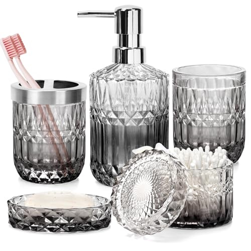 Set di accessori da bagno, 5 dispenser di sapone nero sfumato, portasapone, portaspazzolino, bicchiere, barattolo per cotton fioc, set da bagno in vetro trasparente, regalo decorativo (nero sfumato)