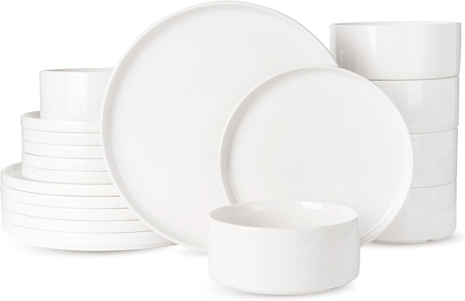 Famiware Porcelain Dinnerware Set, 18-Piece Modern Plate and Bowl Set, dish set for 6, Microwave and Dishwasher Safe Tableware, White White 6-Set(18pcs)