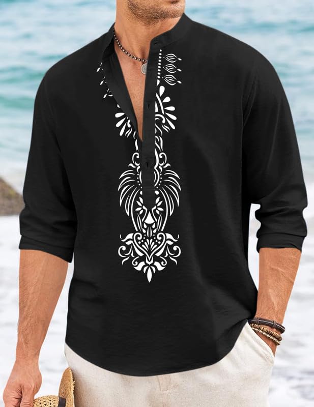 Image of FINIVO FASHION Men's Cotton Blend Short Kurta with Bold Printed Front Design | Full Sleeve Ethnic Casual Kurta with Mandarin Collar | Artistic Festival & Travel Wear for Modern Ethnic Style