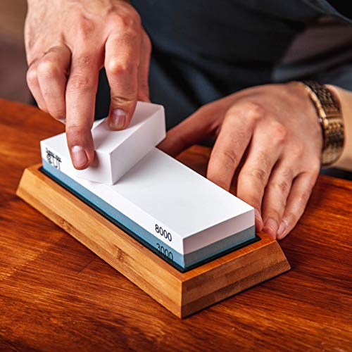 Knife Sharpening Stone Set Whetstone Kit 4 Grit 400/1000 3000/8000 Sharpening and Honing Waterstone Best Wet Stone Sharpener for Chefs Kitchen Knives Anti-slip Bamboo Base and Flattening Stone - Thumbnail 2