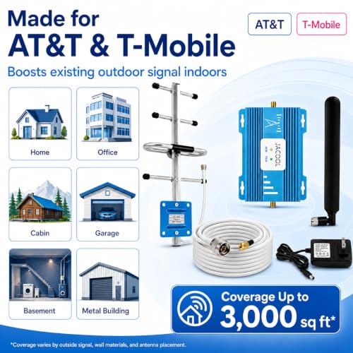 Image of Cell Phone Signal Booster for AT&T & T-Mobile, 5G 4G LTE Band 12 /17 700MHz | AT&T & T-Mobile Cell Signal Booster for Home, 3,000 Sq Ft, FCC Approved, Multi-User, Outside Signal Required