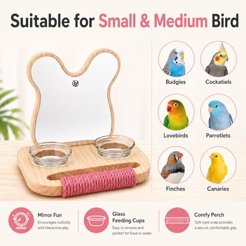 Image of Bird Mirror with Perch and Feeder, Wooden Birds Toys Bird Cage Accessories for Parrots to Expend Energy, Interactive Toys for Greys Amazons Parakeet Cockatiel Conure Lovebirds Finch Canaries