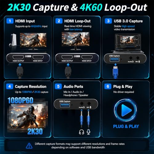 Image of Guermok USB 3.0 HDMI Capture Card, 1080P 60FPS & 2K30 Video Capture Device | 4K HDMI Pass-Through, Mic Input & Audio Output, USB Video Game Capture for OBS Streaming, PS5, Switch 2 /1, Xbox1, Camera, PC