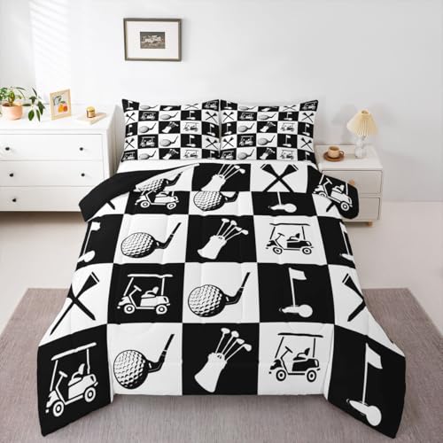 Image of Feelyou Golf Comforter Set Toddler Size Black White Plaid Buffalo Check Geometric Bedding Set for Kids Boys Girls Sports Theme Duvet Quilt Bedroom Decor Microfiber 2 Pcs with 1 Pillow Cases