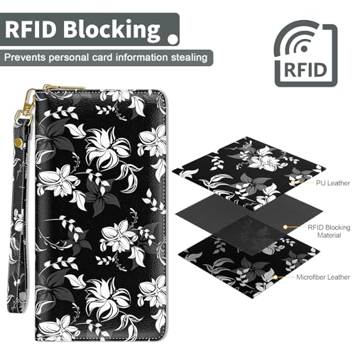 Nipichsha Womens Wallet, RFID Wristlet Wallet for Women, Cute Ladies Purse, Large Credit Card Clutch Wallets, Leather Card Holder Wallets with Zipper & Phone Holder, Black Flower4