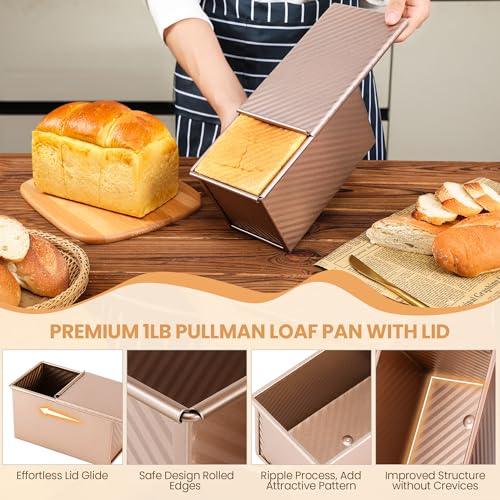 Image of Yupjlia Pullman Loaf Pan with Lid, 1LB, Nonstick, Even Baking, Clean Easily | Premium Sandwich Bread Loaf Pan with Lid for Homemade Bread, Heavy Duty Carbon Steel Corrugated Pullman Toast Box, 9 x 4