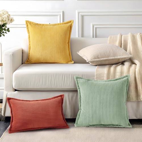 Mecatny Corduroy Throw Pillow Covers 22x22 Set of 2, Neutral Decorative Soft Boho Couch Pillow Covers with Broadside for Sofa Living Room, Beige