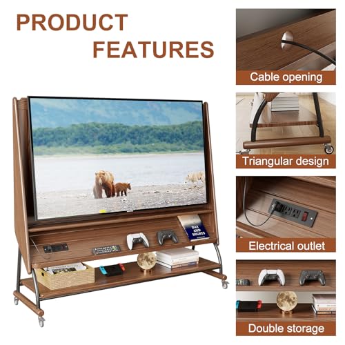 Image of Soild Wood Rolling Tv Stand with Wheels 40-65 Inch,media console Tv Cart, Monitor Floor Mount Stand entertainment center, Mobile Bedroom Wood 3 tier open Storage Stand with Outlet and Shelves