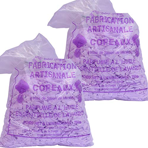 Juego de 2 chips de jabón de Marsella perfumados lavanda 750G (1,5 kg) – Detergente económico. Brillo de jabón para ropa delicada. Ecológico y natural y artesanal