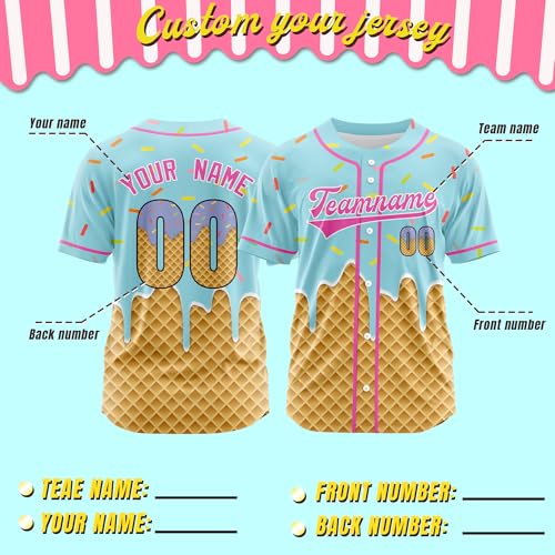 Custom Ice Cream Baseball Jersey para Hombre, Mujer y Juventud, Camiseta Personalizada con Nombre, Número y Logo miniatura 4
